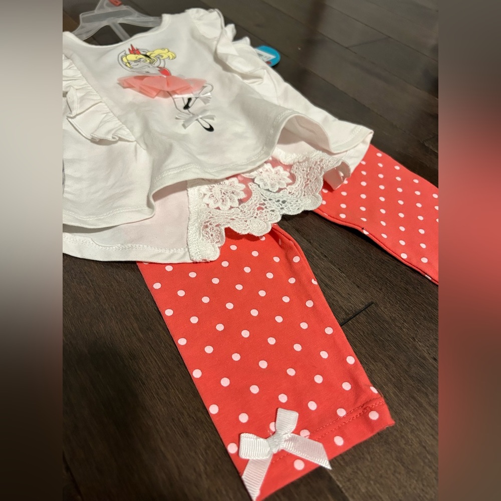🌸 NWT Baby Girl Coral Lace Back Ballerina outfit . Polka dot pant set 9-12 mont - Picture 4 of 6